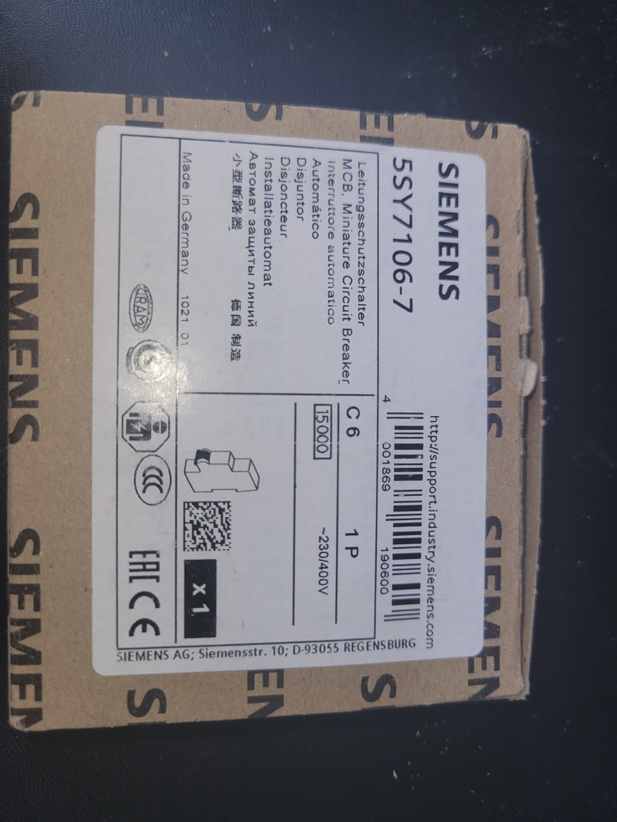 Автоматический выключатель Siemens 1Р 5SY7106-7