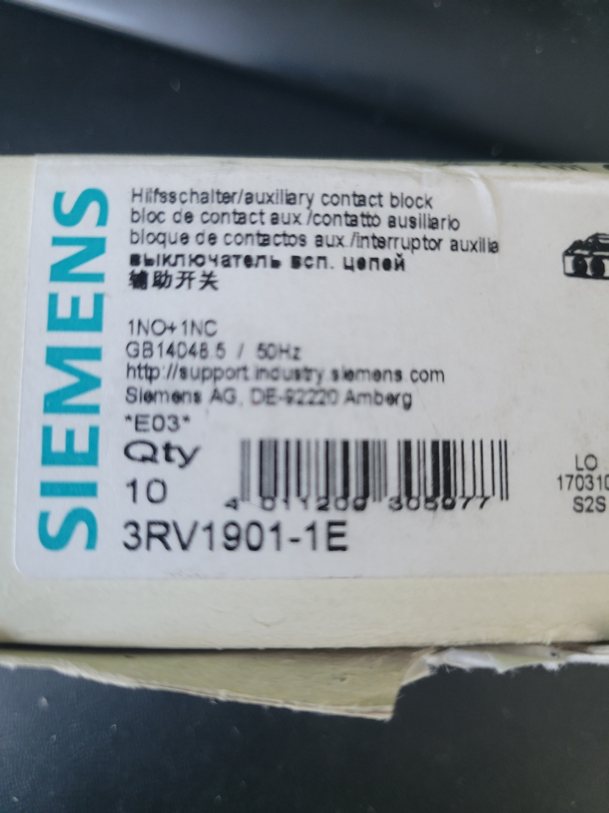 Блок дополнительных контактов Siemens 3RV1901-1E