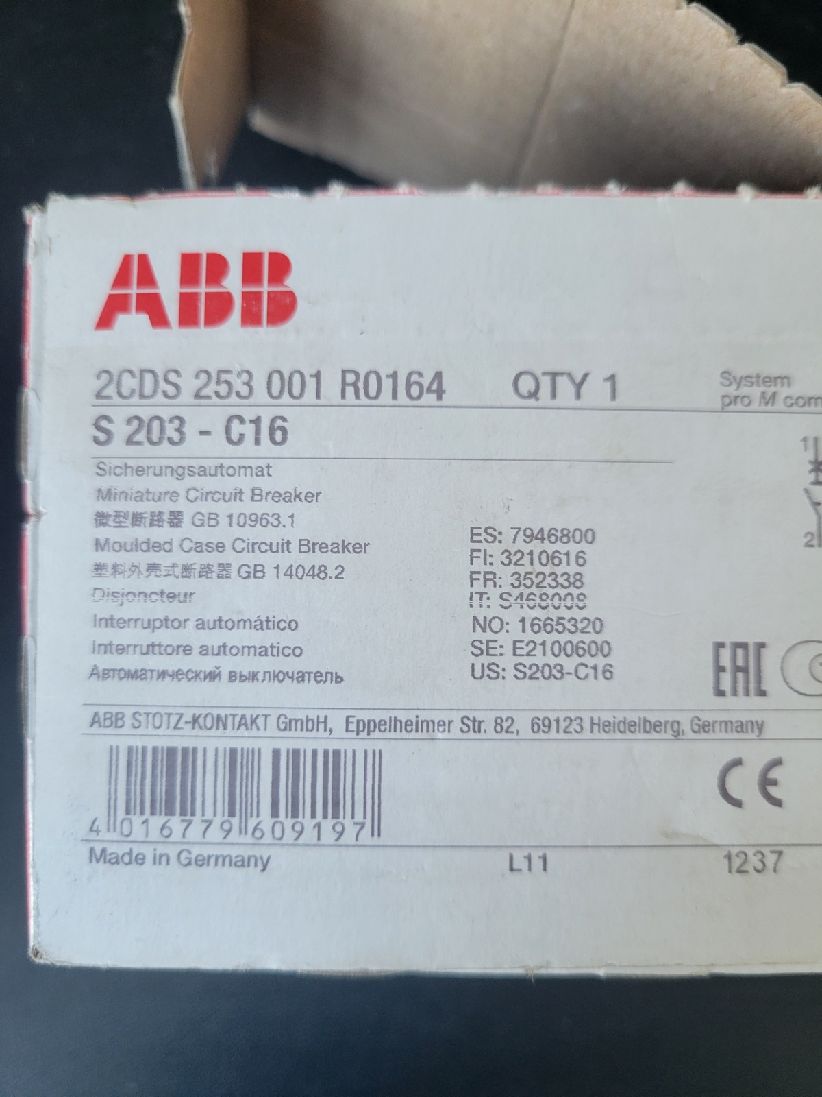 Выключатель ABB S203 C16A (2CDS253001R0164)